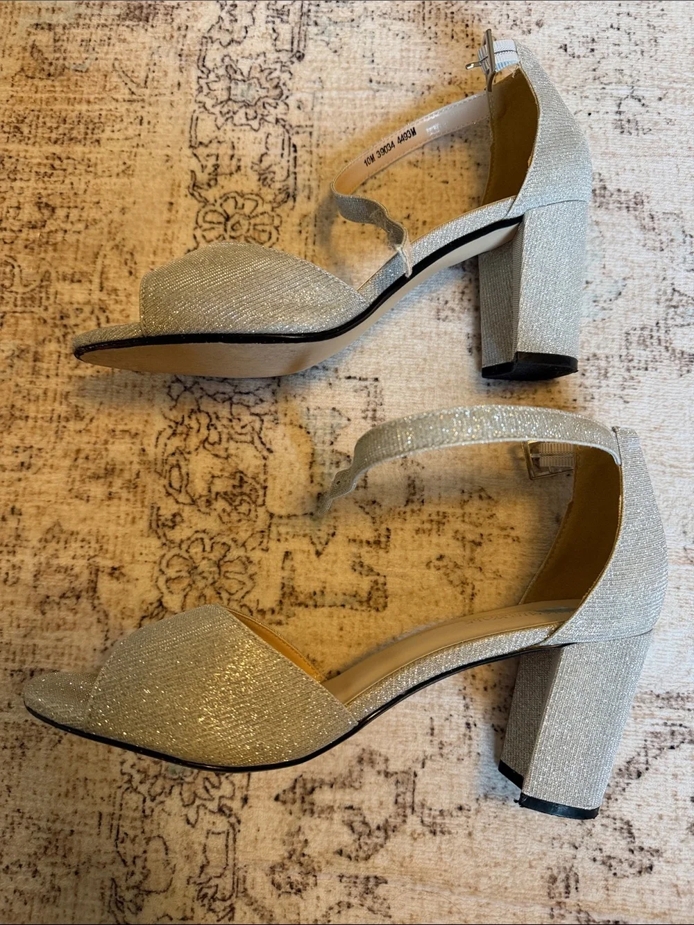 Benjamin Walk Silver Glitter Peep-Toe Ankle-Strap Block Heels